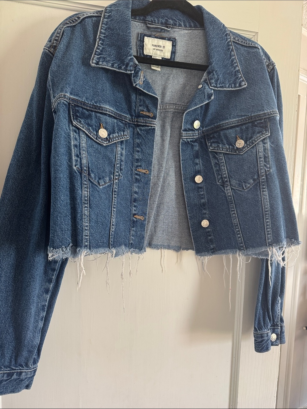 Forever 21 Blue Cropped Frayed Denim Jacket